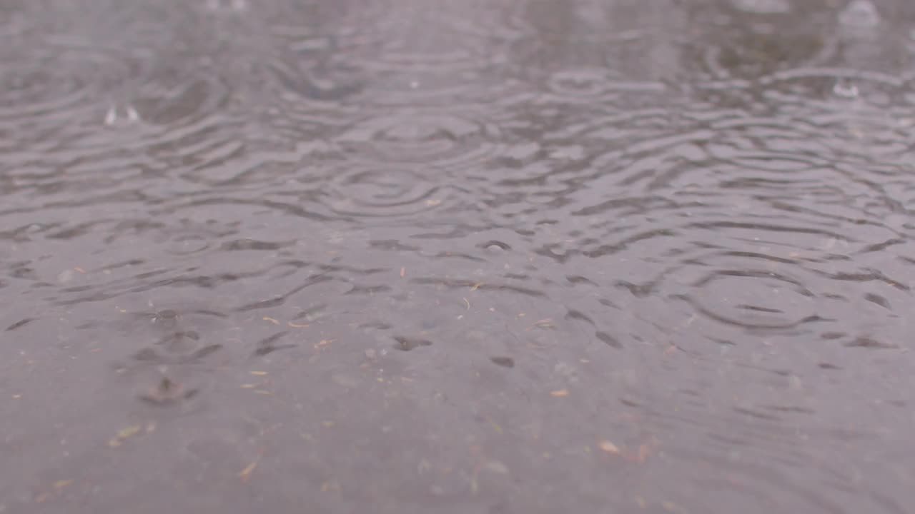 雨点落在城市柏油路上的水坑上。自然降水。视频素材