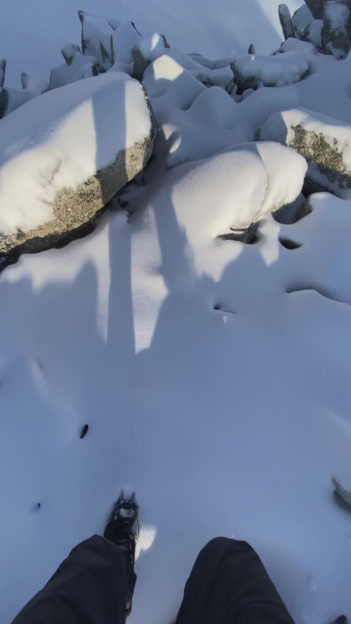 第一人称视角的雪覆盖的山脉在阿尔卑斯山视频素材