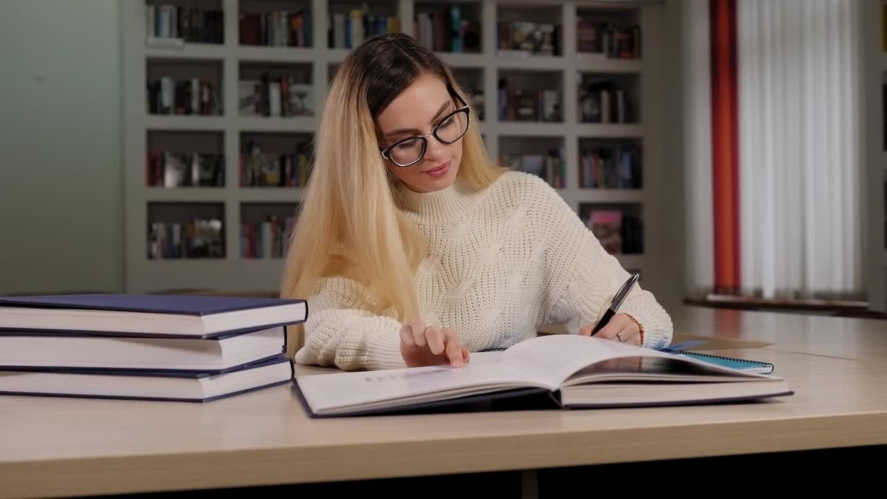 一个戴眼镜的女学生坐在图书馆的笔记本上写东西。视频素材