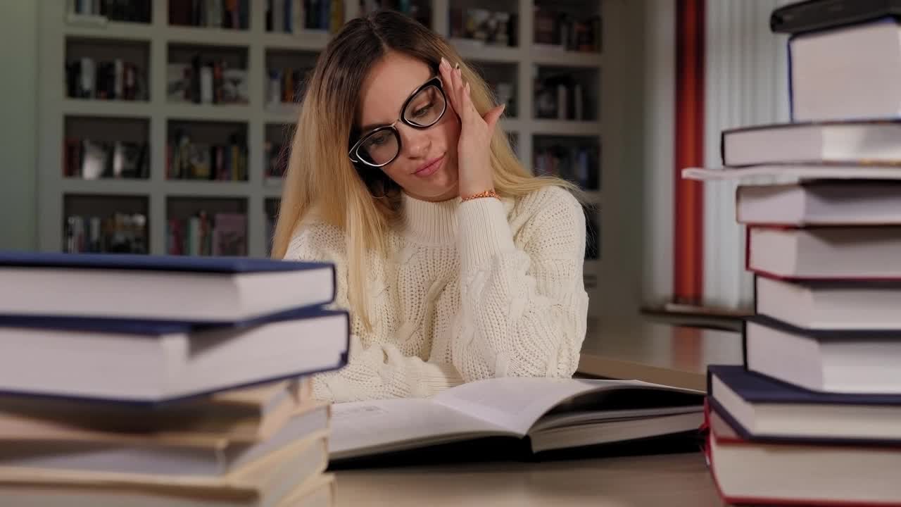 一个戴着眼镜的疲惫的女学生在图书馆读了许多难懂的书。视频素材