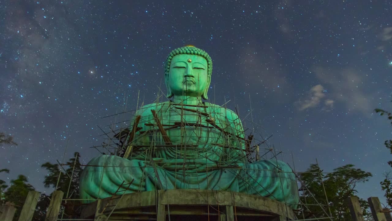 “大佛”(Daibutsu)在银河背景的铜像Doi Phra Chan在佛寺在泰国兰邦市Mae ta市。视频下载