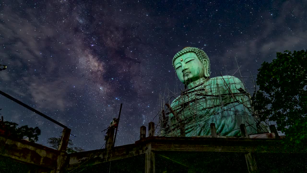 “大佛”(Daibutsu)在银河背景的铜像Doi Phra Chan在佛寺在泰国兰邦市Mae ta市。视频素材