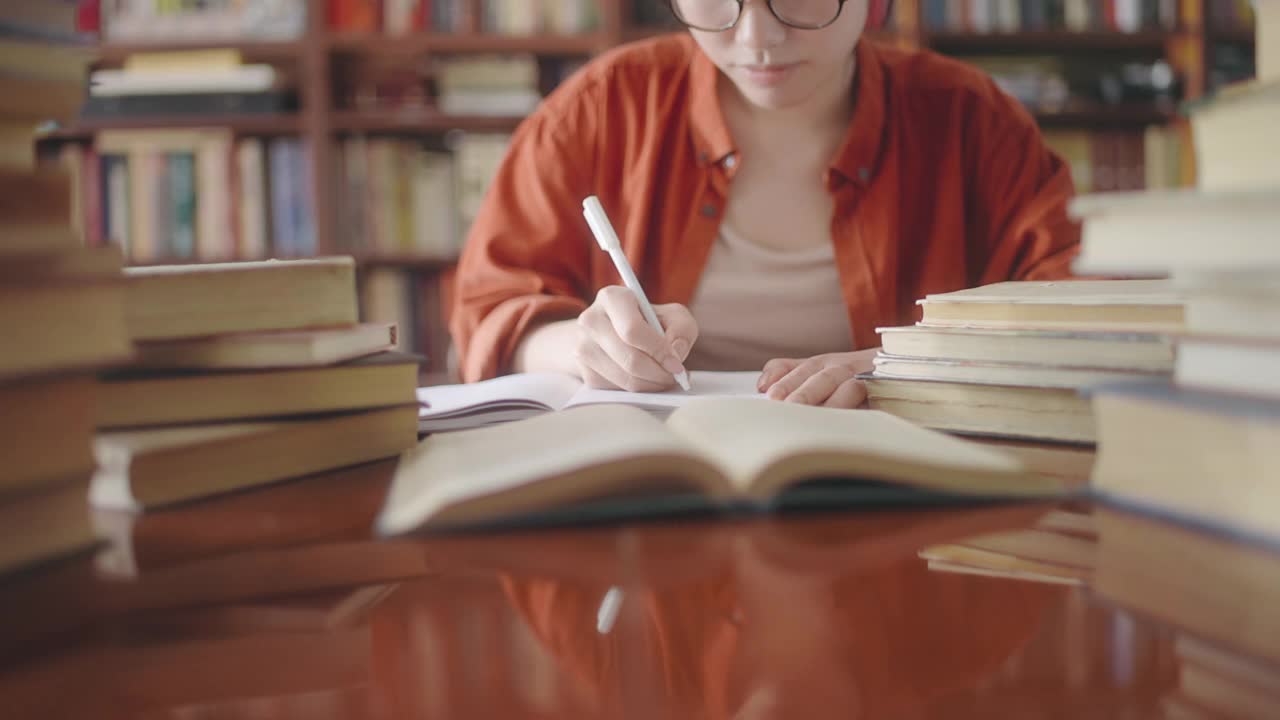 戴着眼镜的女学生在大学图书馆做笔记，学习书籍视频素材