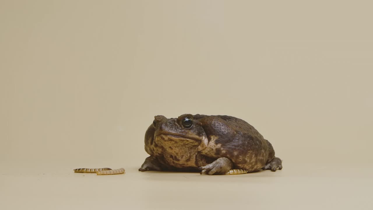 蔗蟾蜍，Bufo marinus，坐在旁边的幼虫在米色背景的工作室。或是宠物动物园里的毒蟾蜍。有疣的棕色两栖大蛙。慢动作视频素材