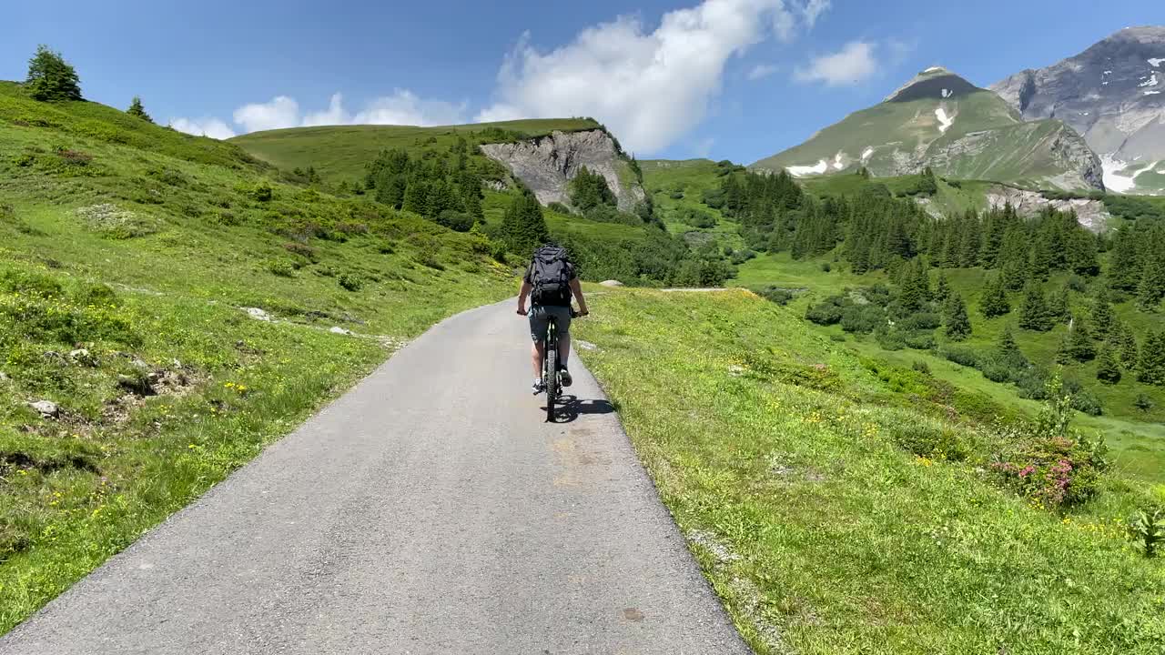 在瑞士阿尔卑斯山骑山地自行车视频素材