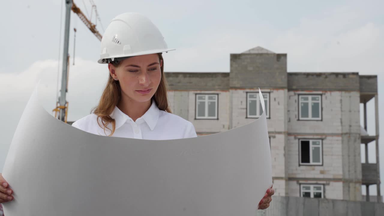 一名戴着白色头盔的女建筑工人在工地上拿着图纸视频素材