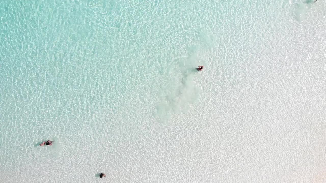 人们在海里玩球。人们在海滩上的清水里玩水游戏。鸟瞰图视频下载