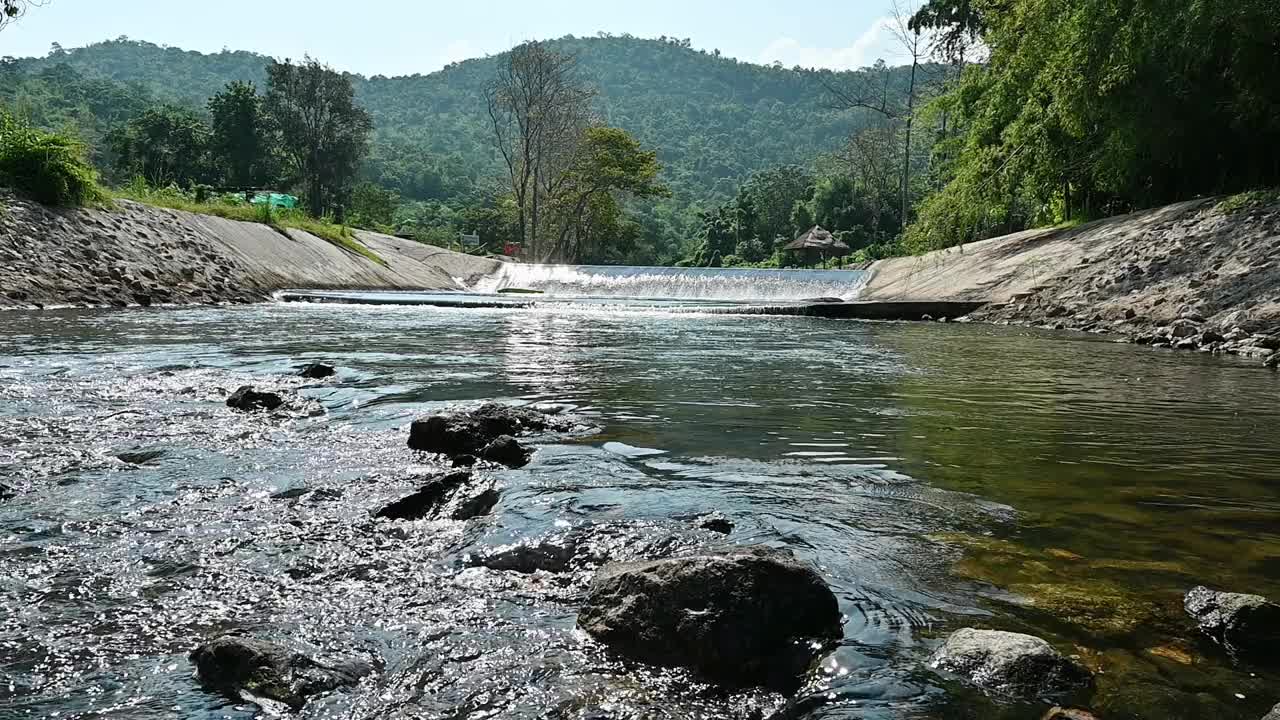 在热带雨林的堰上和山上流动的水视频素材