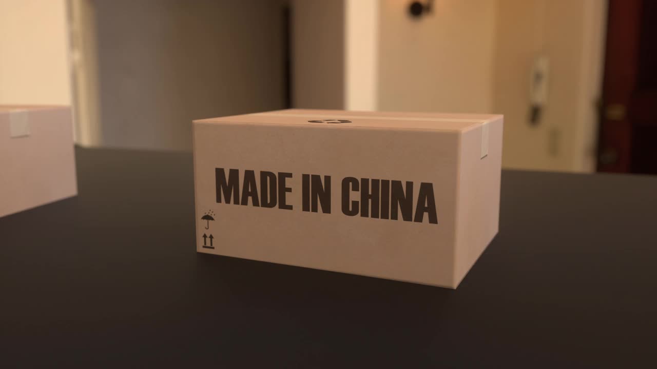 传送带上印有“中国制造”字样的盒子。与中国商品相关的可循环3D动画视频素材