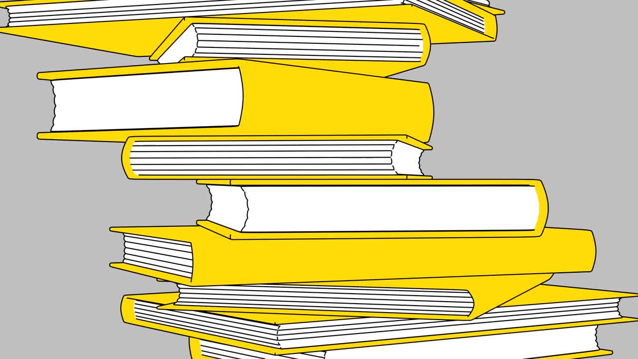 一堆黄色的书被孤立在灰色背景上。视频素材