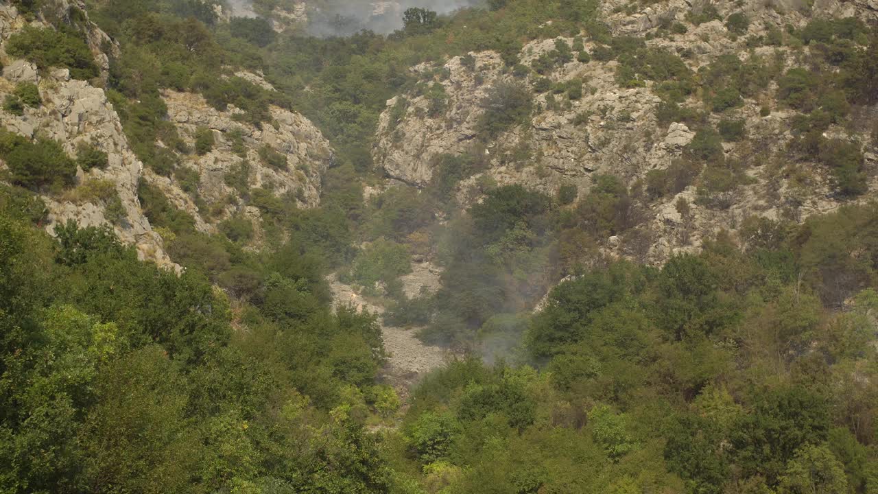 高山上的森林大火冒出的烟雾视频素材