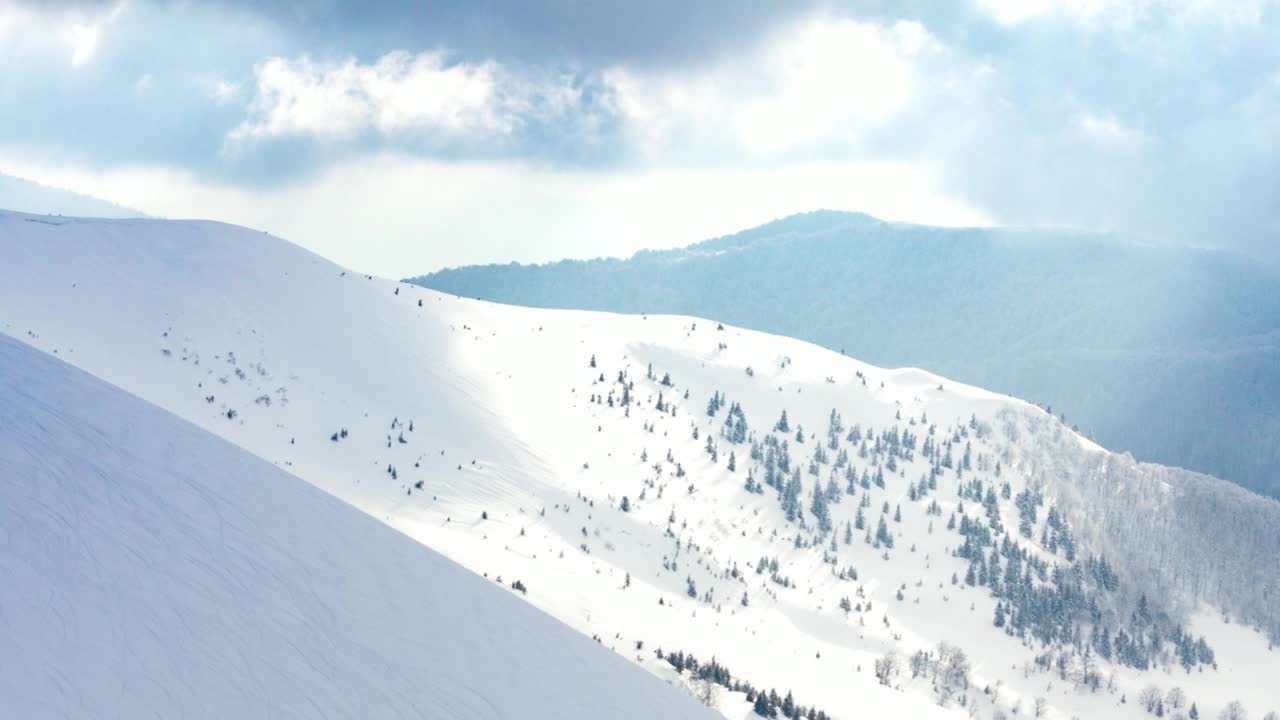 冰雪覆盖的树木构成了美丽的冬季景观。冬天的山。视频素材