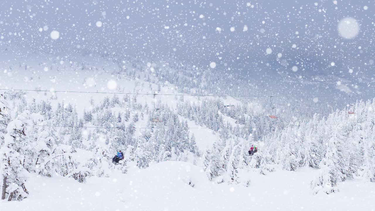 动画景观与冬季风景和滑雪椅升降机，冷杉树林覆盖积雪。圣诞冬季庆祝概念数字生成图像视频素材