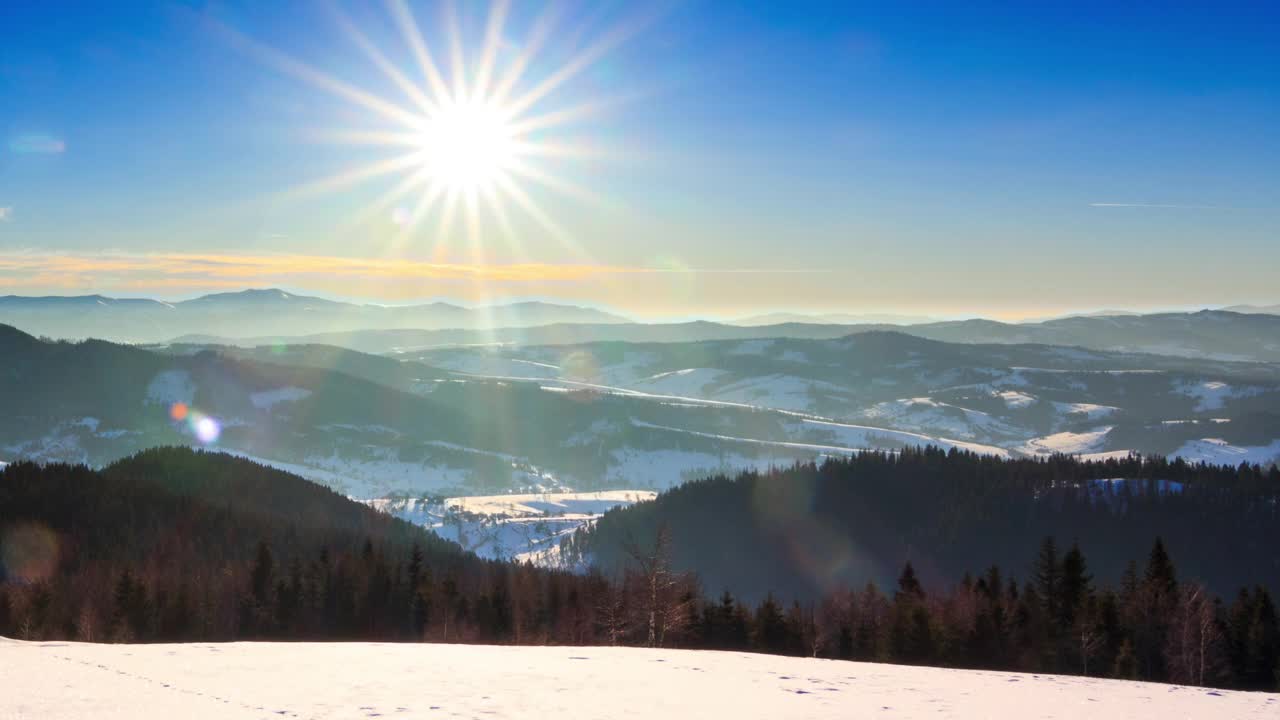 山冬季景观。云杉森林被冰雪覆盖的冬季景观视频素材