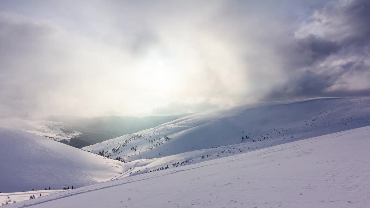 冰雪覆盖的树木构成了美丽的冬季景观。冬天的山。视频素材