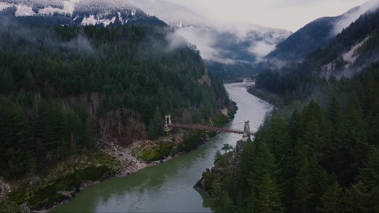 鸟瞰图的河流与山覆盖着松树和雪峰视频素材