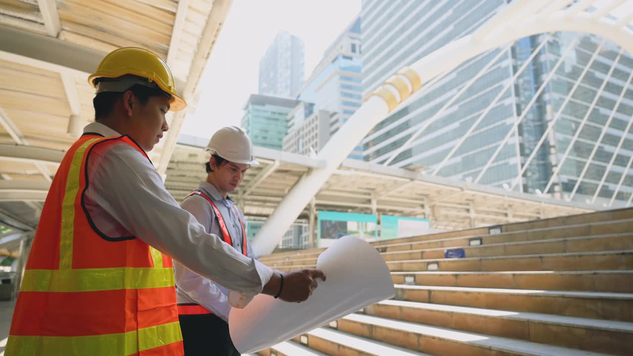 亚洲建筑师和工程师专家在城市背景下，戴着安全安全帽站在工地上，拿着图纸交谈和分析方案。视频素材