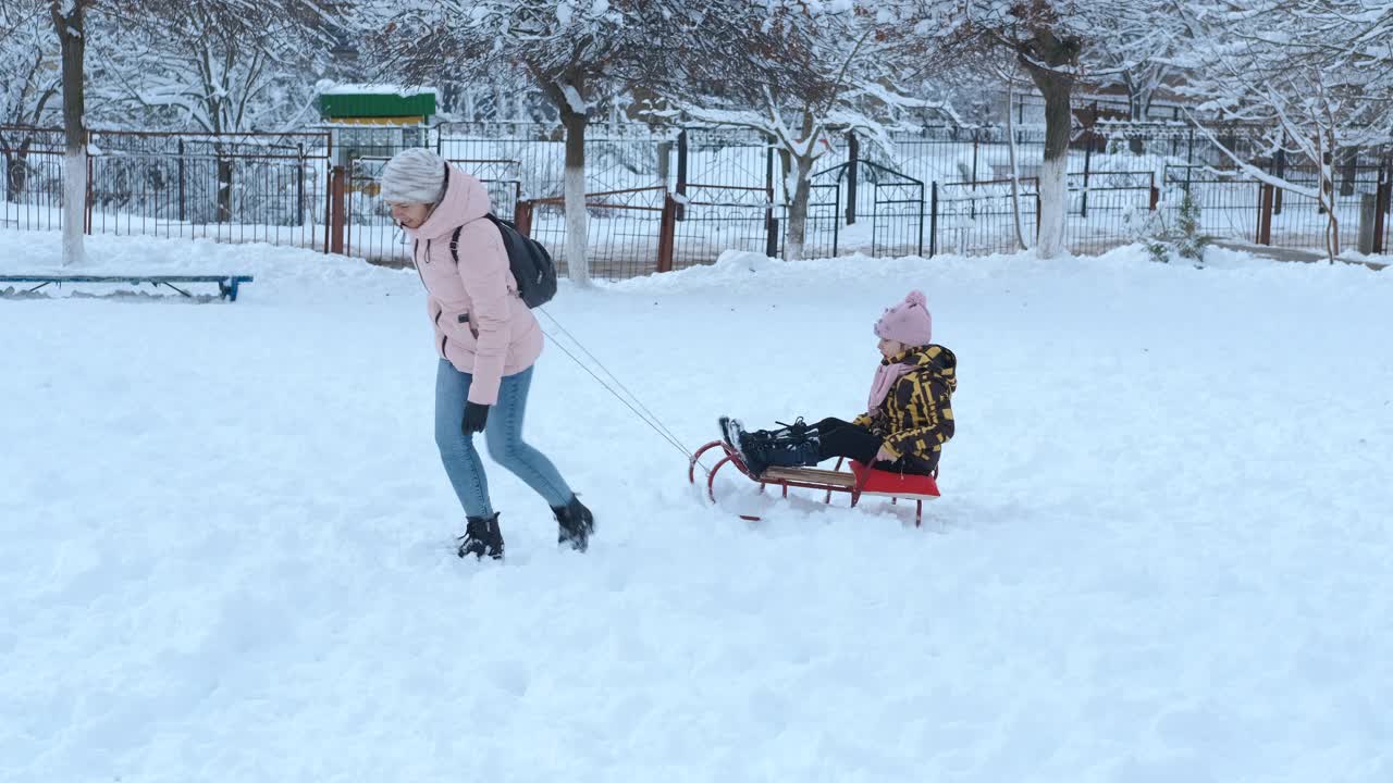 家庭雪橇之旅。视频素材