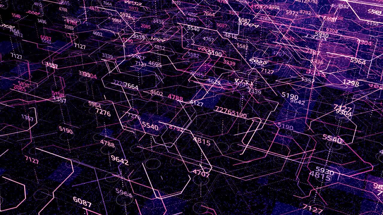 在后台工作的中央处理器上进行大数据分析和数字全息计算。动画。未来的3D电路板飞行，现代抽象概念的新网络技术，无缝回路。视频素材