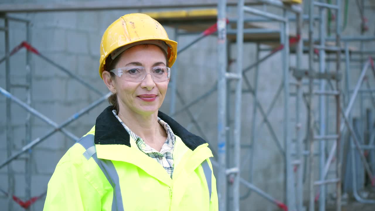 建筑工地上穿着防护服的西班牙妇女视频素材