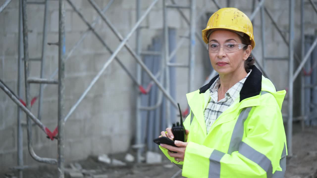 建筑工地上的西班牙女人，把数据存入手机视频素材