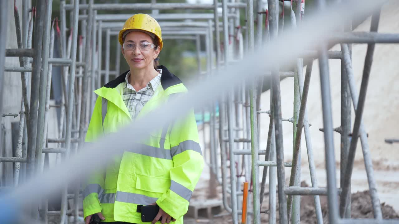 西班牙妇女在建筑工地的脚手架下视频素材