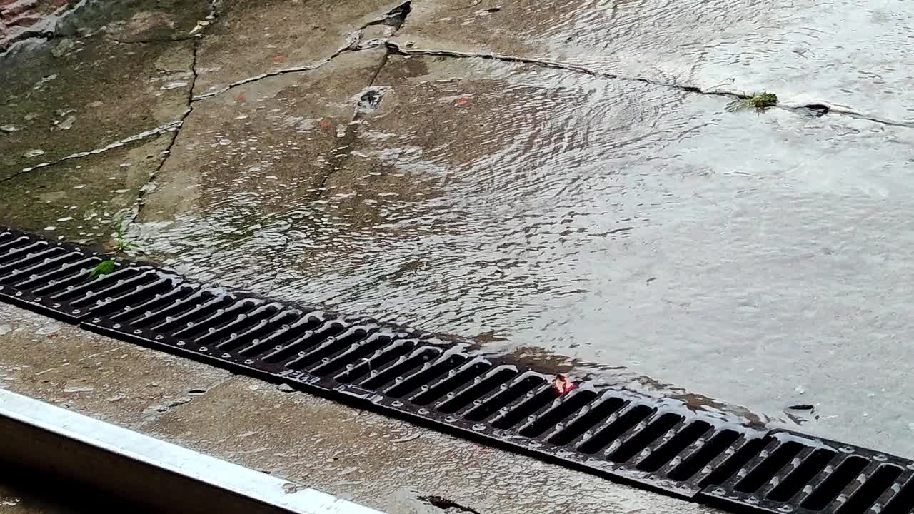 排水格栅。雨水和流水。特写镜头。风暴及排水概念视频素材