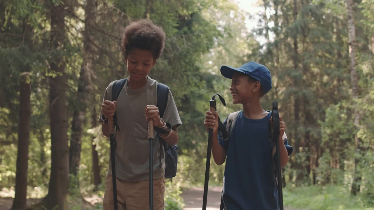 非洲裔美国男孩在森林里用登山杆行走视频素材