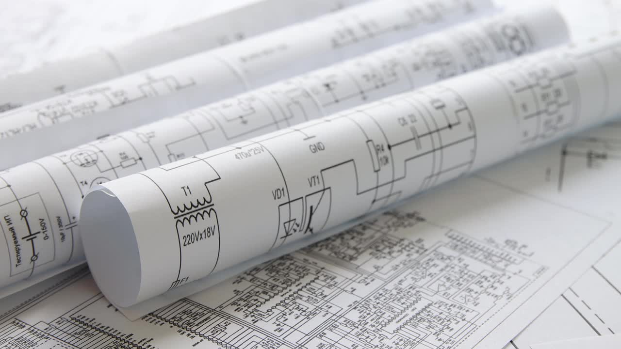 纸质电气工程图纸。电子工程师的工作。视频下载
