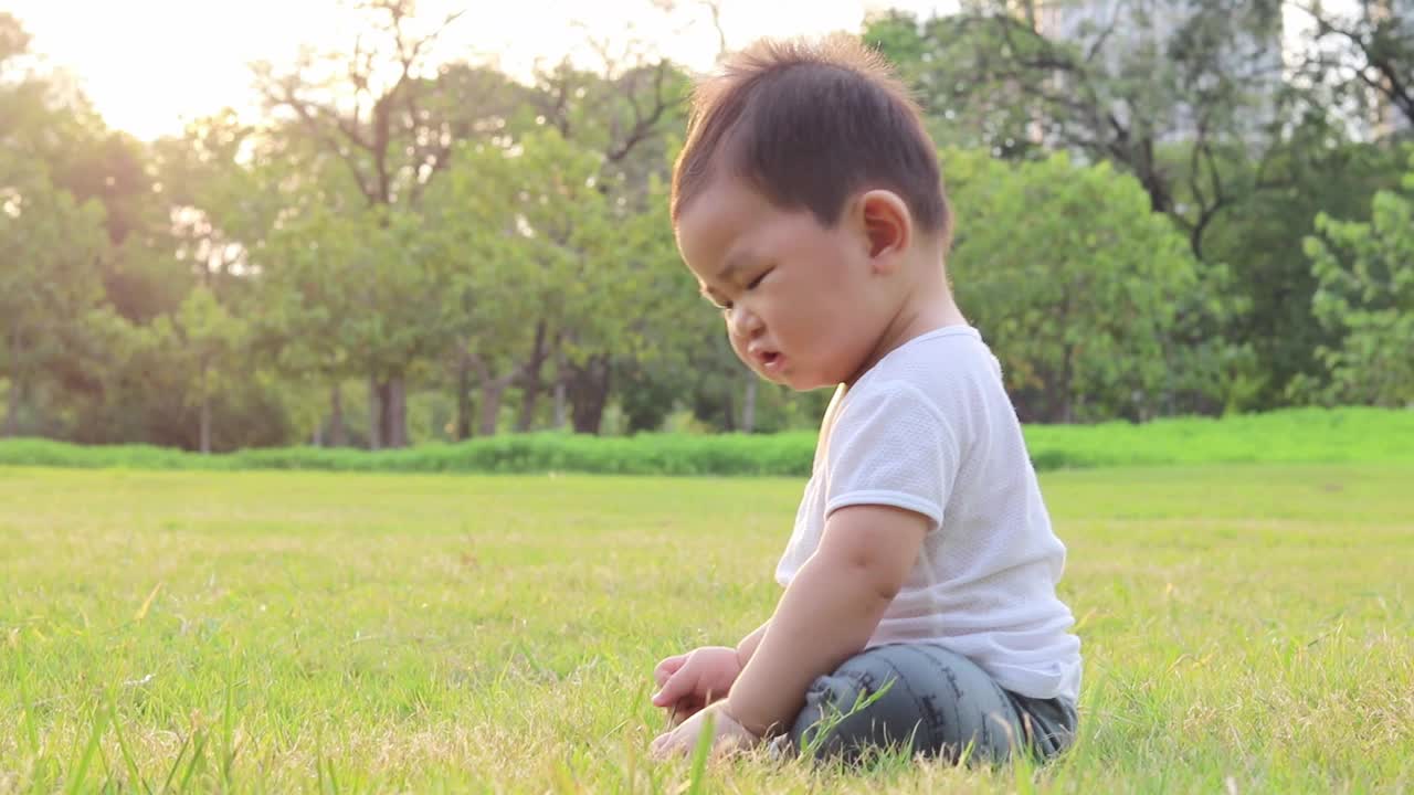 快乐可爱可爱的婴儿蹒跚学步坐在草坪上。视频素材