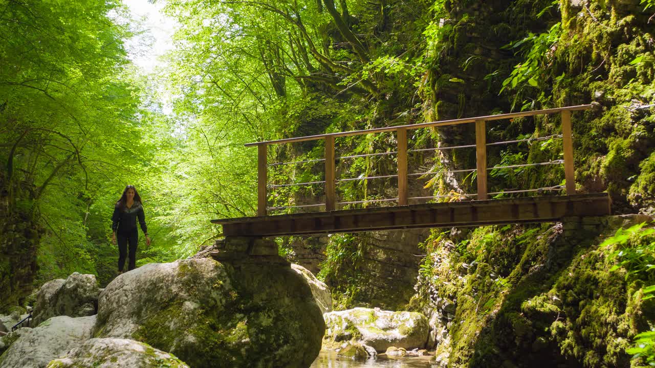 女子徒步在山溪峡谷茂密的树叶景观，跨越木桥视频素材