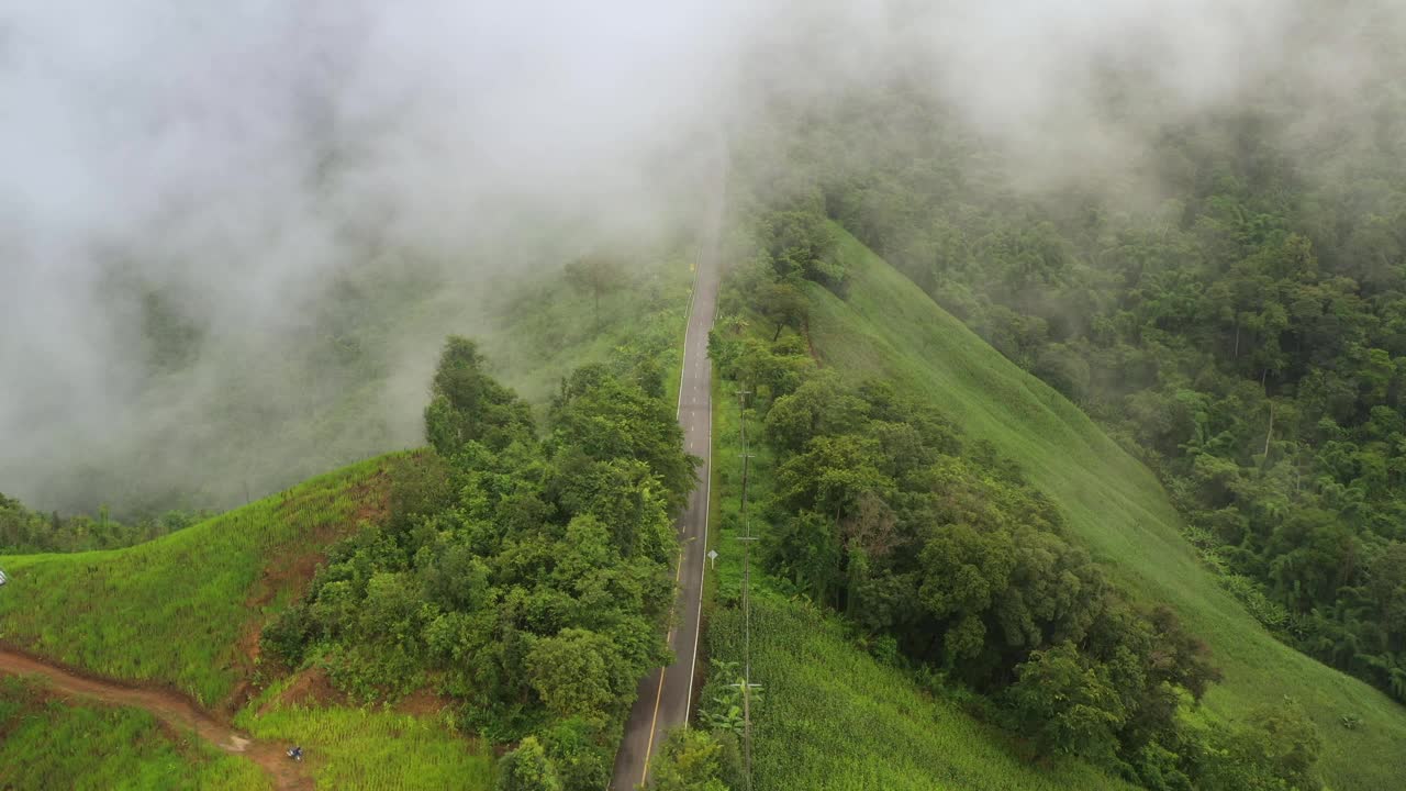 鸟瞰图的乡村道路通过郁郁葱葱的绿叶和热带雨林山区景观，泰国北部，南省。视频素材