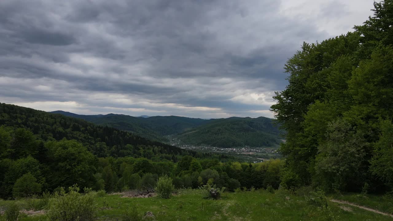 令人惊叹的鼓舞人心的史诗无人机镜头的绿色针叶树和夏天的山在农村在阴天。田园诗般的大自然。傍晚烟雾弥漫的天空视频素材