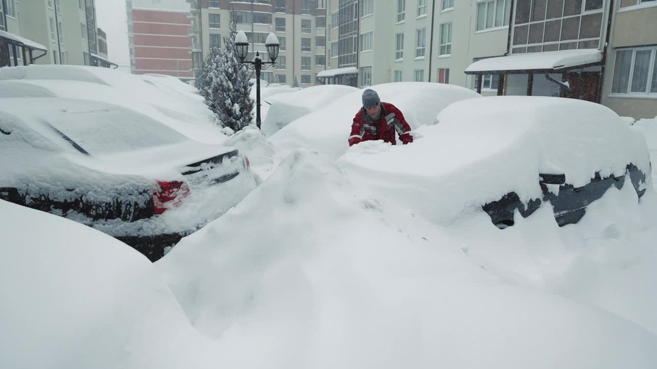 雪堆和风暴。一名男子正在清理一辆被雪覆盖的汽车。大雪。司机背着背包，拿着刷子站在停车场上清理车上的积雪视频素材