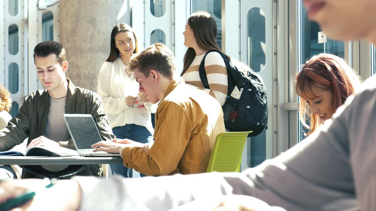 大批大学生在校园公共区域学习视频素材