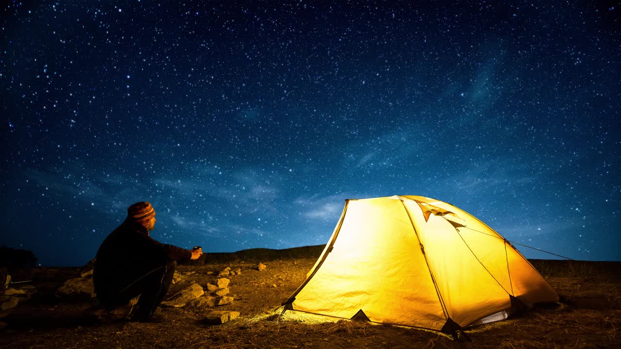 旅行者在闪烁的星空背景下，靠近发光的露营帐篷。Cinemagraph。视频素材