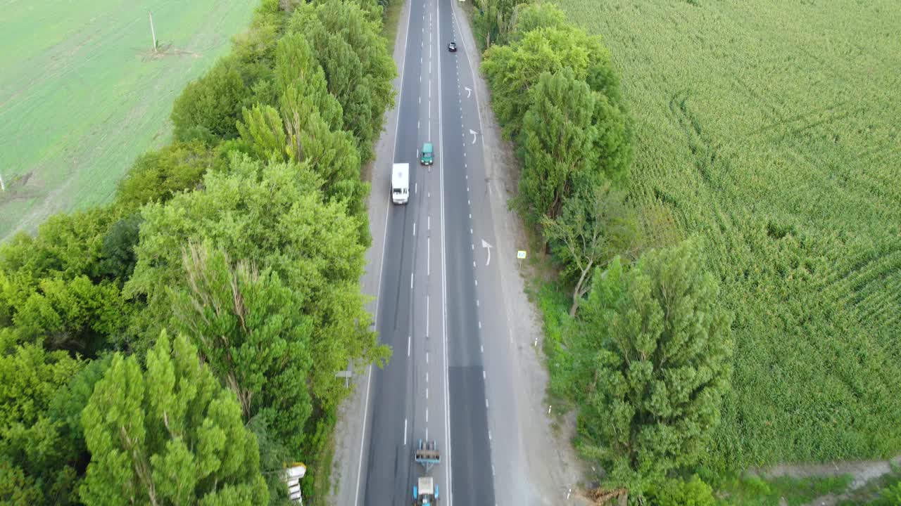 飞机飞过高速公路两旁的树木。交通繁忙的公路视频素材