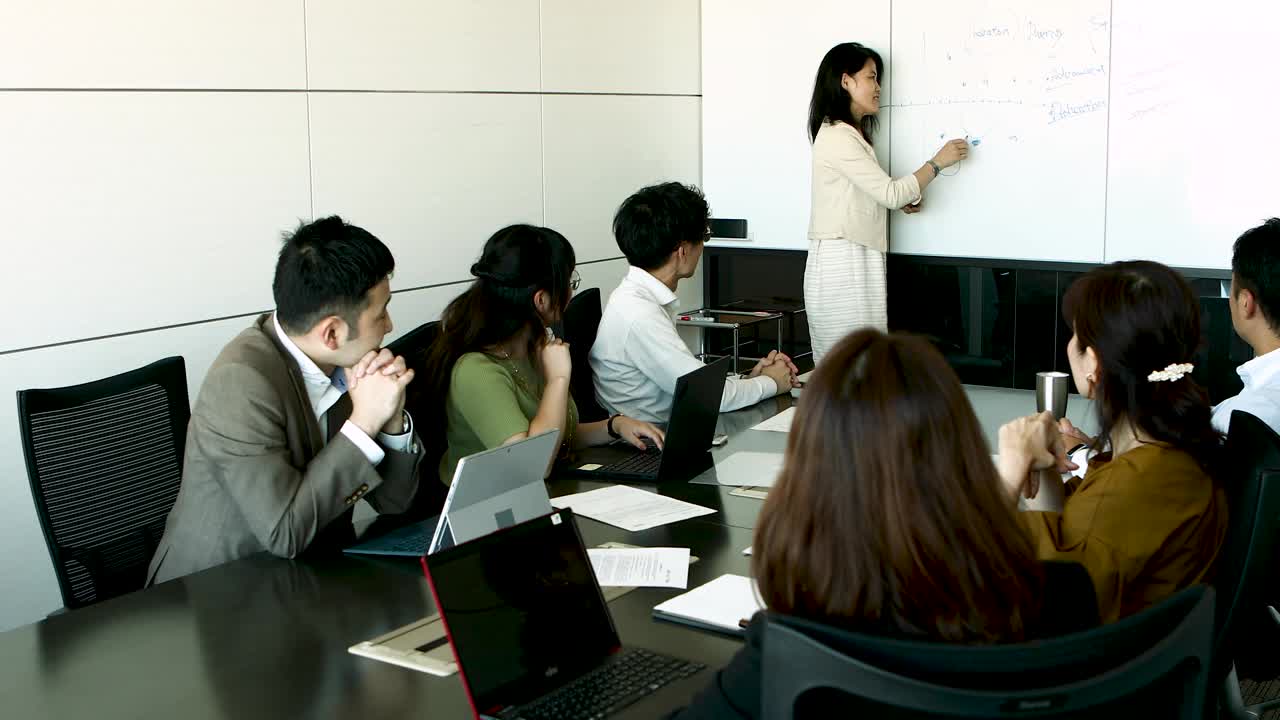 一名女员工在会议室做报告，成员们在听视频素材