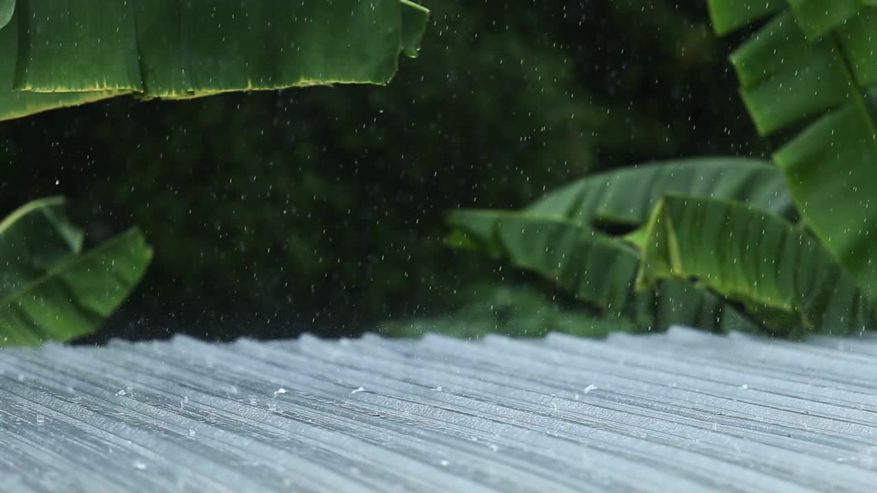 雨落在天绿色自然背景下的房子的金属片上。视频素材