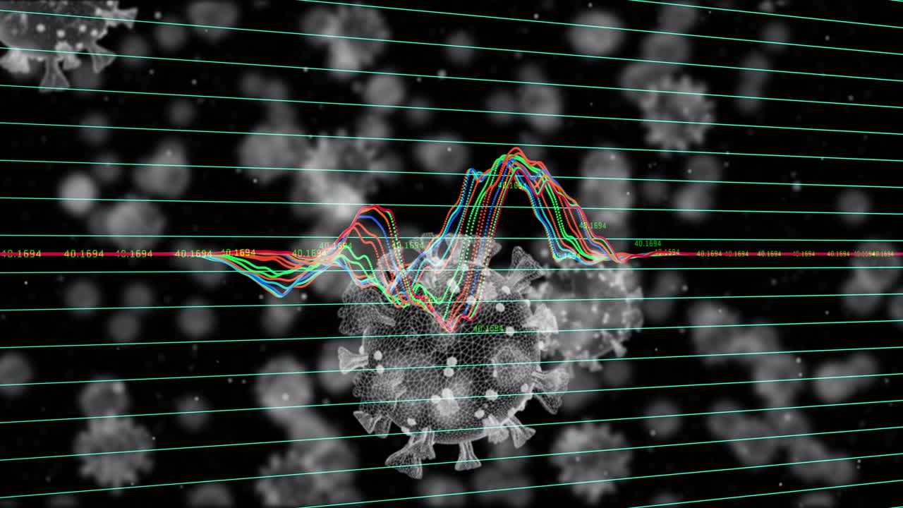 漂浮在冠状病毒细胞上的数据处理动画视频素材