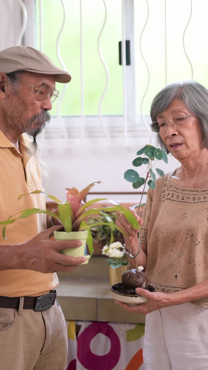 亚洲老年人在养老院里有盆栽室内花园视频素材