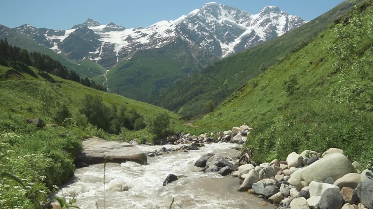 美丽的自然风光的河流在山区。阿尔卑斯山草甸中的景观。视频素材