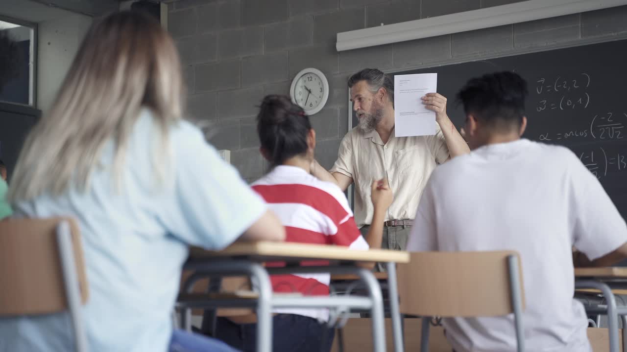 友好的教授在中学课堂上讲解数学考试习题，十几岁的学生举手提问视频素材