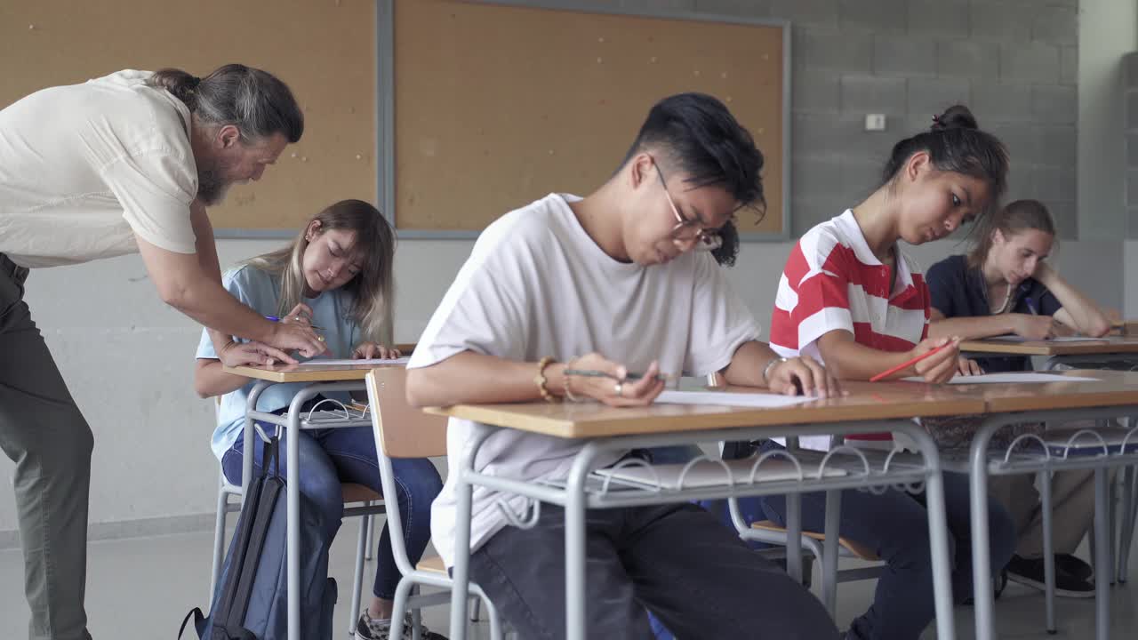 亚洲青少年学生参加考试。在大学高中考试期间，老师给学生讲解习题视频素材