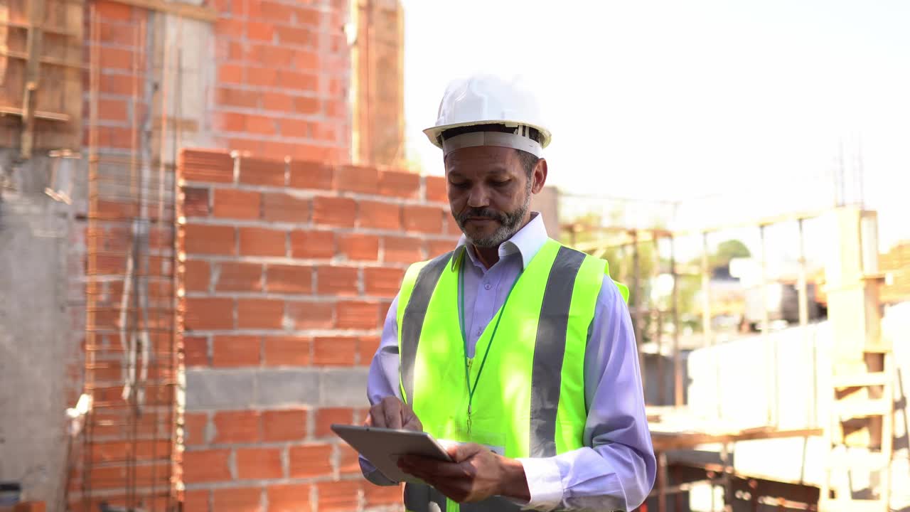 建筑工人在建筑工地分析信息视频素材