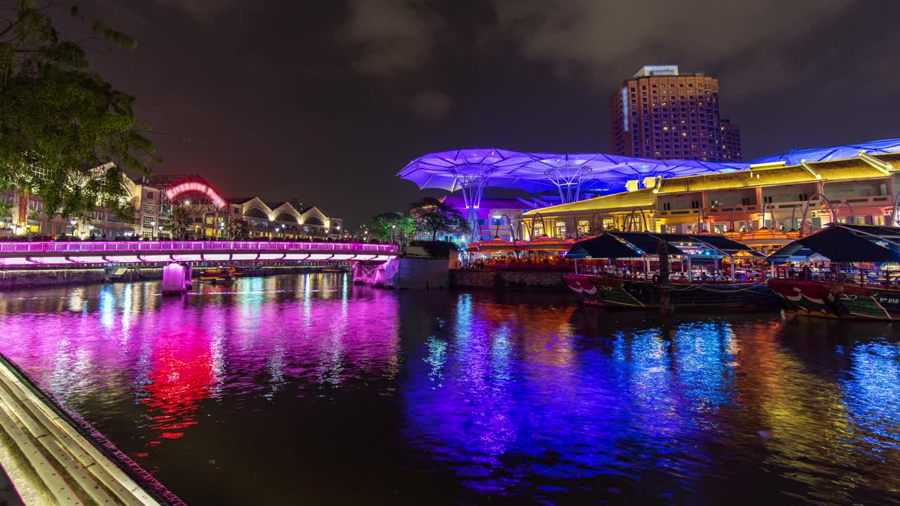 夜晚克拉克码头上繁忙的游船视频素材