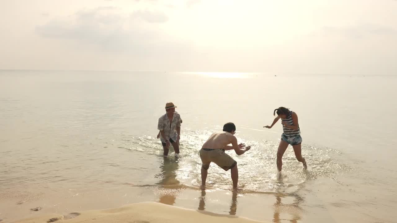 一群亚洲男人和女人朋友在夏天的假期在海滩上野餐视频素材