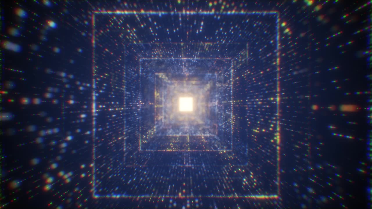 无限霓虹灯四方隧道的发光点粒子。网络技术背景。视频素材