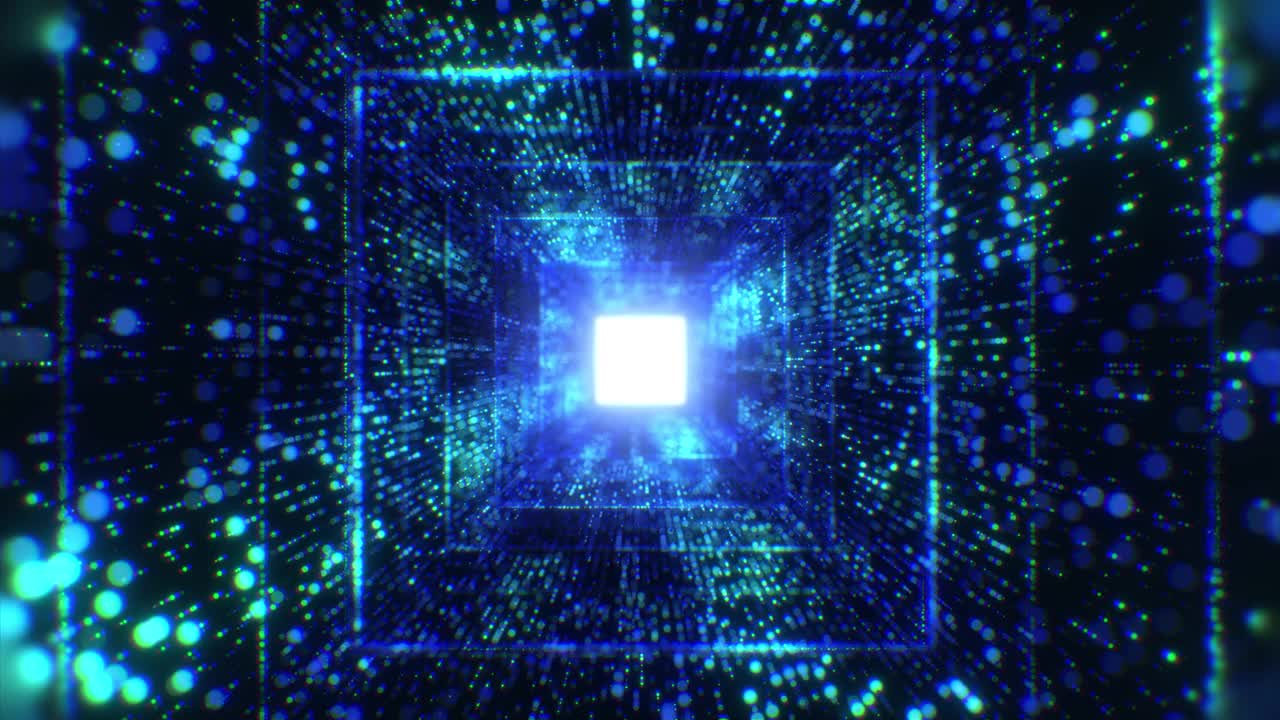 无限旋转的霓虹灯方形隧道发光的点粒子。网络技术背景。视频素材
