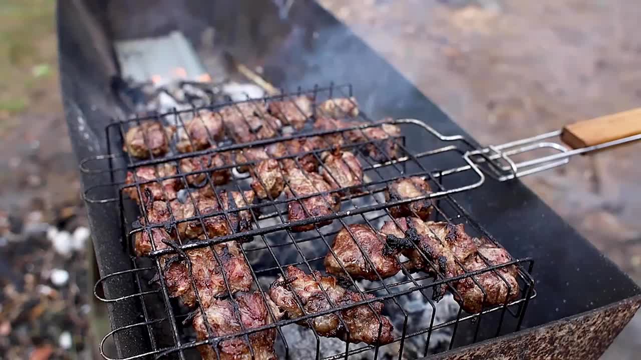 在松林烧烤，一名男子翻着炸肉视频素材